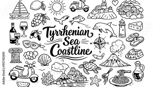 Tyrrhenian Sea coastline illustration with various icons and symbols