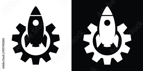 Startup concept icon featuring a rocket ship launching from a gear. Vector symbol for innovation, business optimization, technology progress, and project deployment. Black and white graphic.
