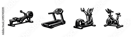 Black and white vector illustrations of gym equipment including rowing machine treadmill elliptical and stationary bike