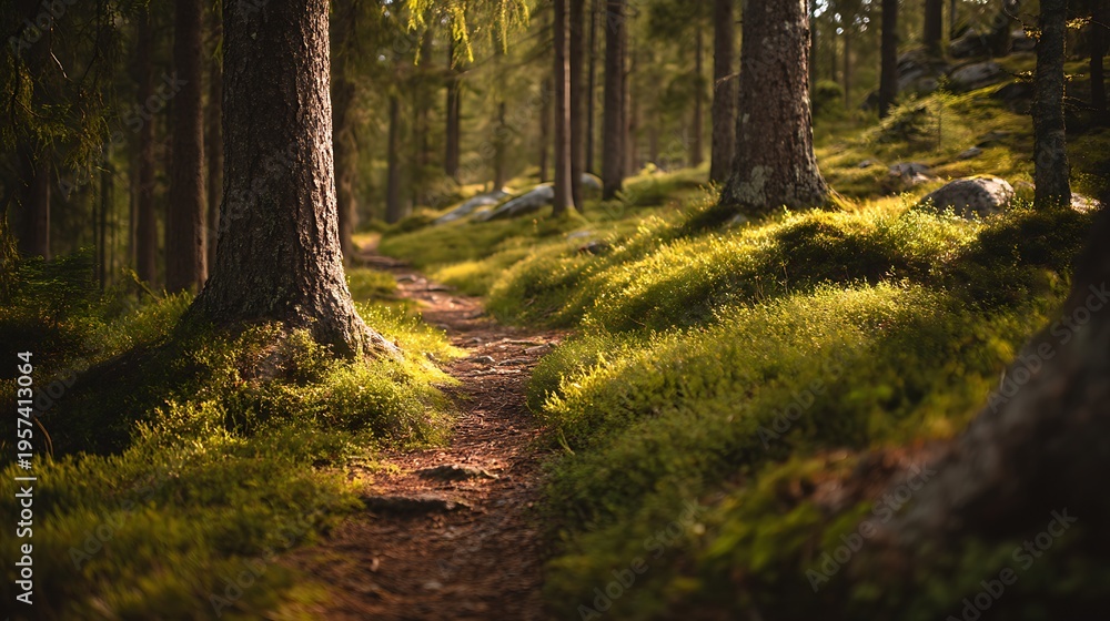 Fototapeta premium Serene Forest Pathway Surrounded by Lush Greenery and Sunlit Trees in a Peaceful Natural Setting
