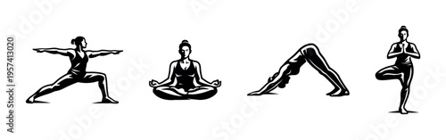 Yoga pose silhouettes, black and white vector illustration of yoga positions, fitness and meditation clipart