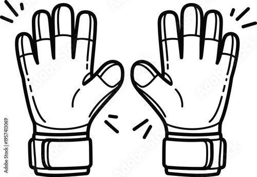 Goalkeeper gloves vector illustration, black and white line art sports equipment design