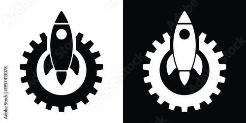 Startup concept icon featuring a rocket ship launching from a gear. Vector symbol for innovation, business optimization, technology progress, and project deployment. Black and white graphic.