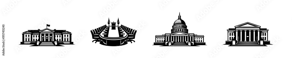 Fototapeta premium Black and white silhouette vector of iconic government buildings architectural elements