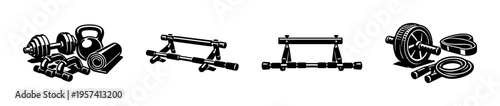 Black and white vector illustrations of gym equipment including dumbbells and kettlebells