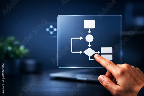 Hand interacting with transparent touchscreen displaying flowchart diagram finger