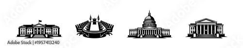 Black and white silhouette vector of iconic government buildings architectural elements