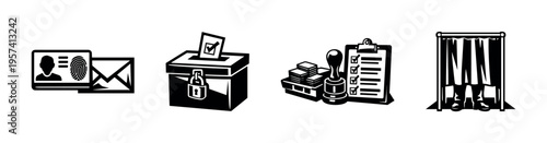 Voting and identification elements illustration, black and white vector icons including ballot box and voting booth