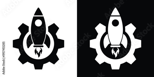 Startup concept icon featuring a rocket ship launching from a gear. Vector symbol for innovation, business optimization, technology progress, and project deployment. Black and white graphic.