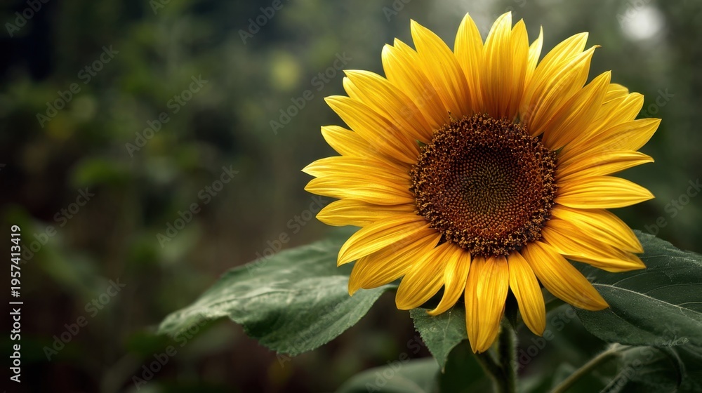 Fototapeta premium A single bright sunflower head showing intricate details of petals and seeds against a blurred garden background.