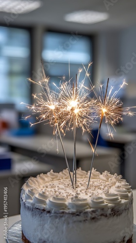 Wallpaper Mural Celebration cake with colorful sparklers in an office setting, perfect for parties, events, and joyful moments captured in a lively atmosphere Torontodigital.ca