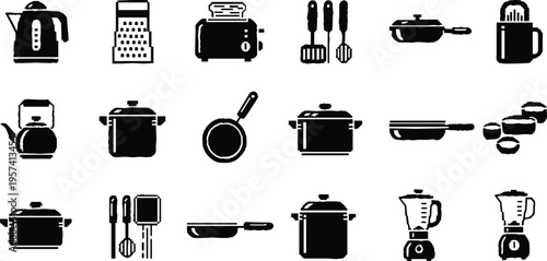 Kitchen Utensils and Appliances Icon Set Featuring Pots, Pans, Kettles, Blenders, Graters, and Cooking Tools for Home and Cooking Designs