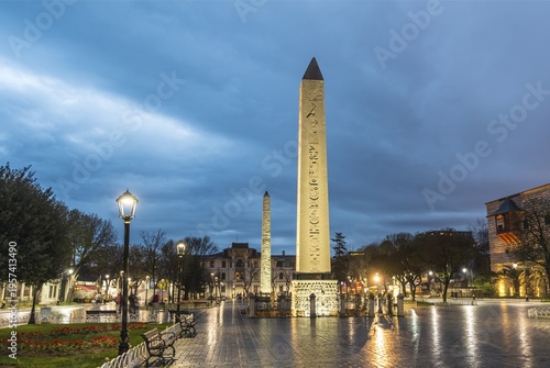 Egyptian obelisk and brick obelisk on Hippodrome of Constantinople or Sultan Ahmet Square European side, Istanbul, Turkey