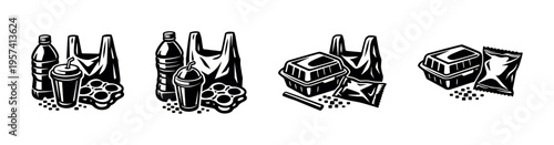 Black and white vector illustration of fast food and beverage containers with plastic bags silhouette