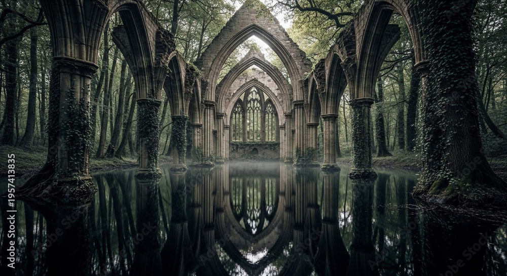 Fototapeta premium Mysterious ancient stone arches rise from dark, still water, reflecting their haunting beauty amidst an ethereal, overgrown forest, evoking a sense of forgotten history and enchantment