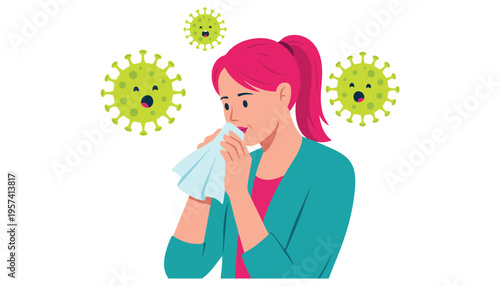 Virus cartoon illustration of a woman blowing her nose