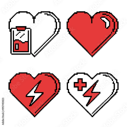 Heart health indicator vector pixel art icon set - full, half, empty live energy bar for arcade game design 8 bit. vector icon