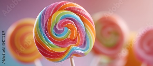 Wallpaper Mural Colorful Swirl Lollipop with Bright Rainbow Stripes on a Soft Blurred Background Illustrating Sweetness and Joy Torontodigital.ca