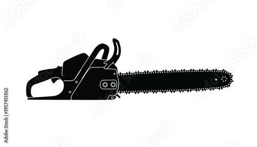 A chainsaw silhouette icon on a white background for design use
