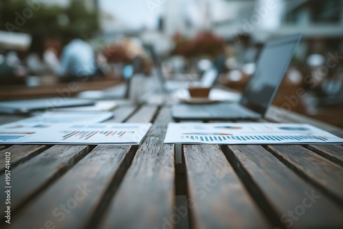 Outdoor Workspace with Laptops and Business Charts on Wooden Table in a Bustling Environment