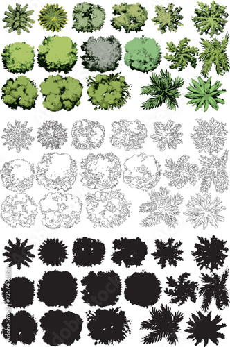 premium collection of top-view plant and tree symbols rendered in a textured, watercolor-inspired style. Perfect for creating vibrant and artistic architectural site plans, landscape master maps, and 