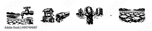 Black and white silhouette illustrations of water scarcity elements and drought scenes