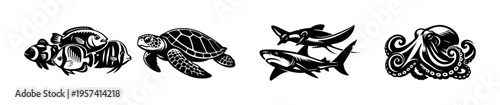 Black and white marine life silhouettes, fish, turtle, sharks, octopus, vector illustration