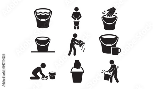 Illustrations of traditional water collection and usage activities