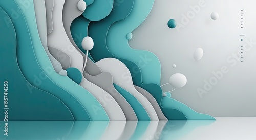 A surreal landscape with floating spheres and abstract shapes in various shades of blue and green