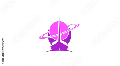 Abstract purple and pink space planet icon with rings and futuristic rocket design. Cosmic exploration symbol for technology and science.
