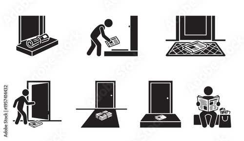 Illustrated steps of newspaper delivery and reading process