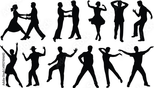 Dance silhouette illustration, twelve expressive figures in solo and partner poses showing diverse styles and dynamic motion, rhythm and performance theme, vector art, black isolated bold design