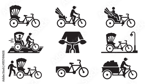 Varied designs of cycle rickshaws and cargo bicycles in black and white illustrations