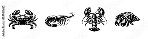 Black and white vector silhouettes of crustacean elements including crab shrimp lobster hermit crab