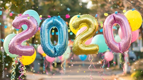 Wallpaper Mural Colorful celebration decorations with large shiny balloons showcasing the year 2020 and festive confetti in a joyful outdoor setting Torontodigital.ca