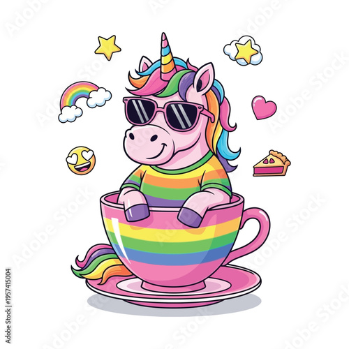 A colorful cartoon unicorn wearing sunglasses in a teacup