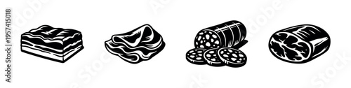 Black and white vector illustrations of various meat cuts and deli items in silhouette style