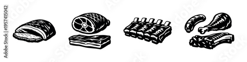 Black and white silhouette vector illustration of various meat cuts, including ribs, sausages, and ham