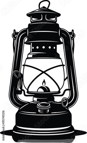 Detailed black and white silhouette illustration of vintage kerosene lantern with flame inside, symbolizing nostalgia, traditional lighting, rustic charm, and timeless antique design.