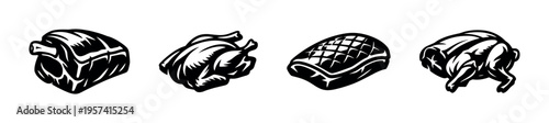 Black and white meat cuts silhouette vector illustration featuring various cuts