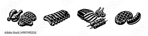 Black and white meat silhouette illustration of various cuts including steak ribs and sausages