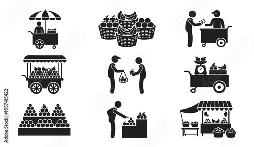 Various scenes of street vendors and fruit markets in action