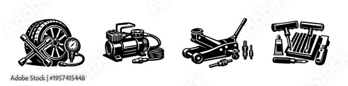 Black and white automotive toolkit illustration featuring tire pump jack tools and accessories