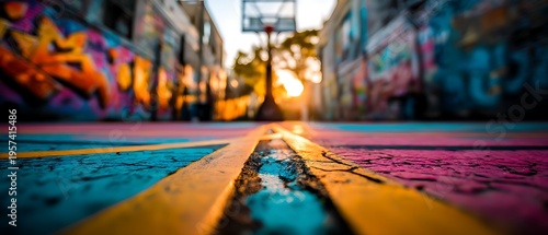 Wallpaper Mural Vibrant Urban Basketball Court at Sunset with Graffiti Art, Colorful Lines and Abstract Details Perfect for Sports and Street Culture Enthusiasts Torontodigital.ca