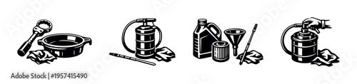 Black and white silhouette of automotive tools and equipment elements for vector illustration