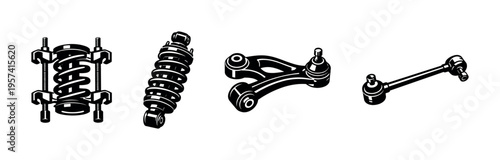 Black and white vector illustration of automotive suspension parts including coil spring and shock absorber