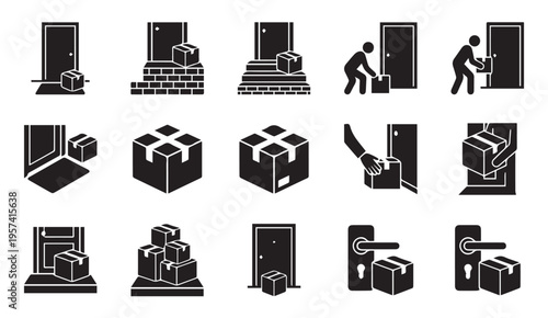 Illustrations of various delivery and package handling scenarios at doorways