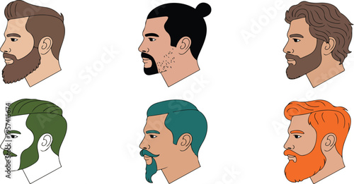 Illustrative collection of six different men hairstyles and facial hair styles for barber grooming vector illustration