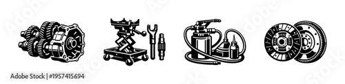 Automotive tools and parts illustration, gear mechanism and equipment in black and white vector silhouette
