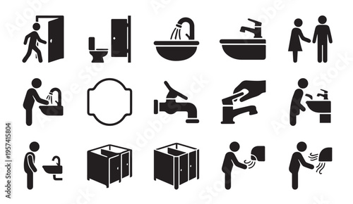 Icons representing various bathroom and hygiene facilities and activities